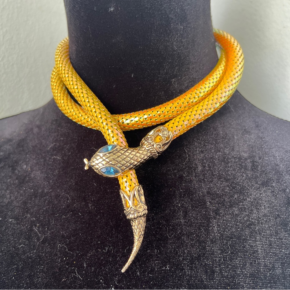 Rare D.L.Auld snake belt necklace serpent lariat iridescent yellow blue eyes 37”